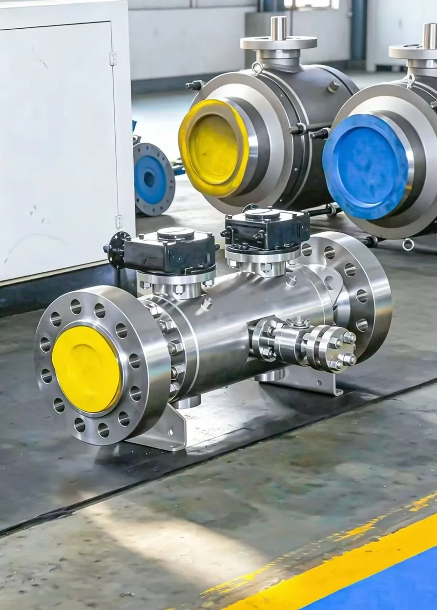Industrial double block and bleed valve arrangement with two operators