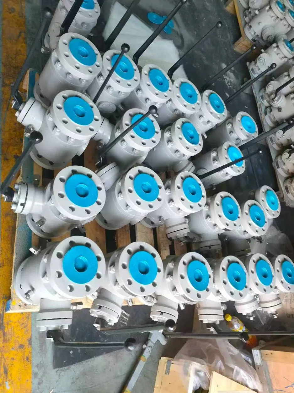 Batch of flanged manual ball valves with blue flange protectors