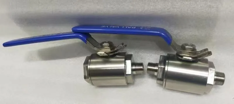 Two small stainless steel threaded ball valves with blue handles