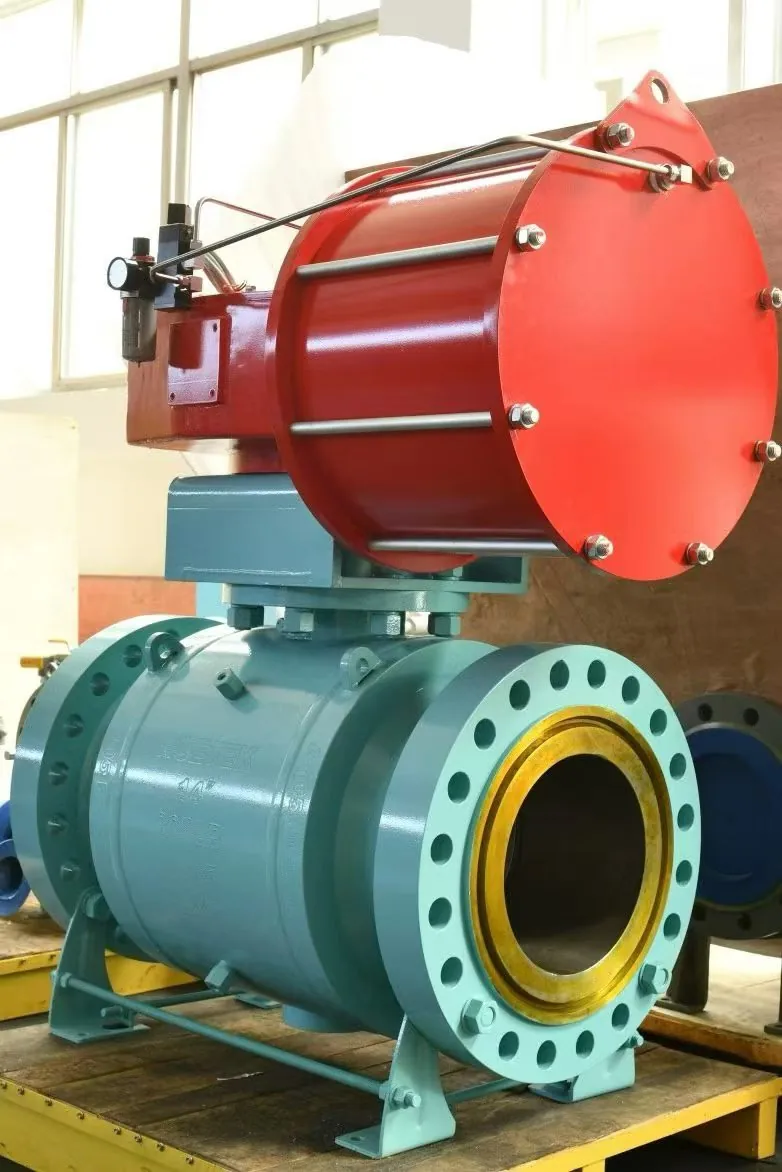 Large flanged pipeline valve with red pneumatic actuator